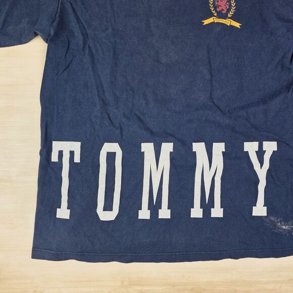 Vintage 90s Tommy Hilfiger Spell Out Double Sided Shirt‎ Navy Size XL DISTRESSED - Picture 5 of 10